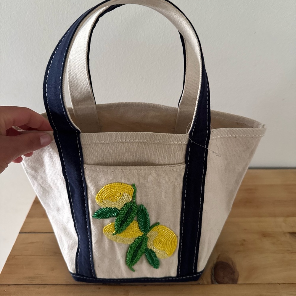 Anthropologie Cream Canvas Tote beaded lemon design - Picture 3 of 4